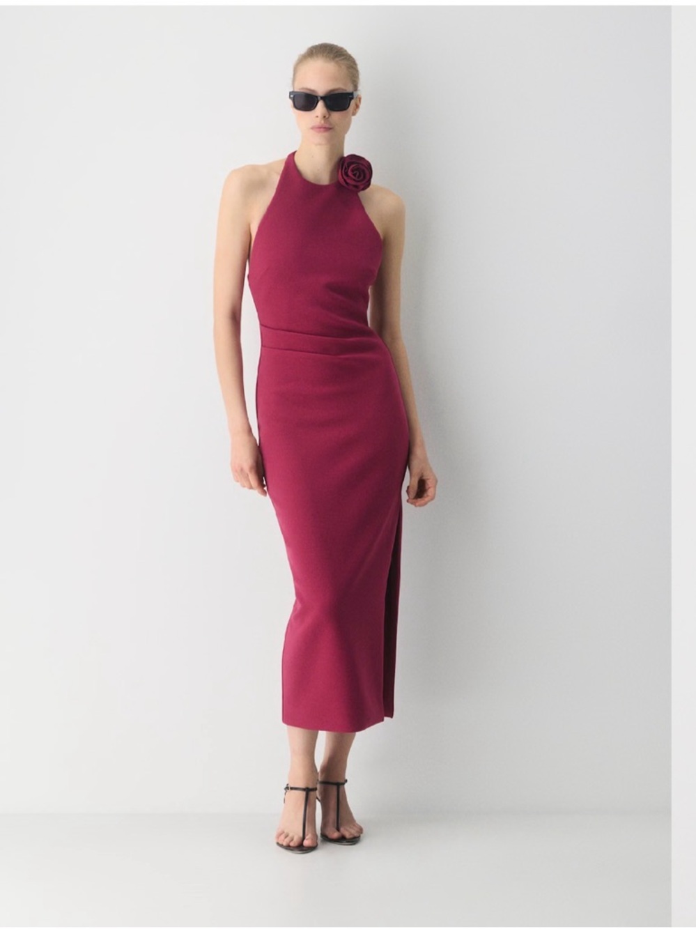 Aritzia Figure Knit Halter Rose-Embellished Midi Dress in Berry